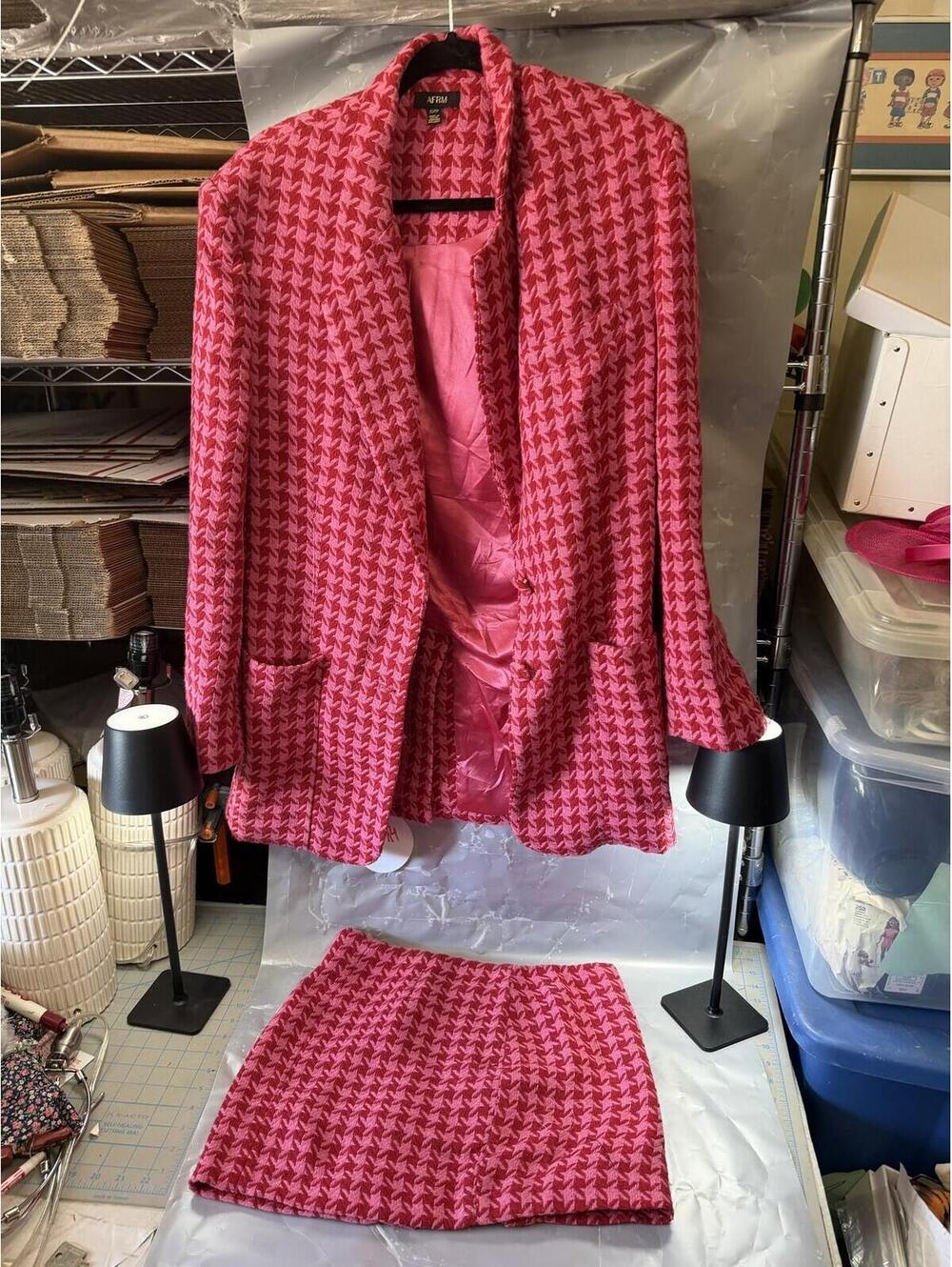 AFRM Houndstooth Blazer & Skirt Set Women's XS/TP Pink Red Two-Piece Outfit‎